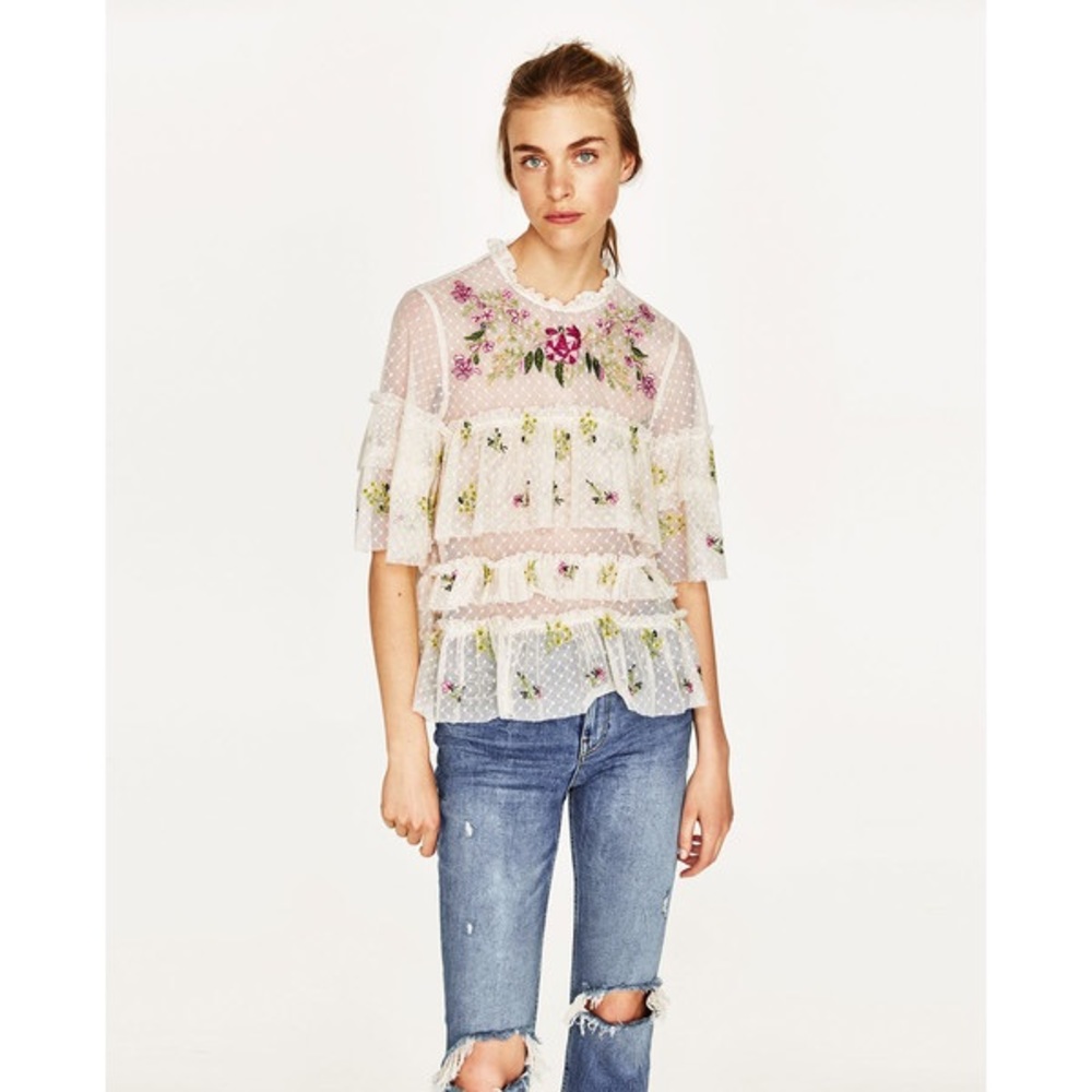 Zara Embroidered Ecru Tulle Top